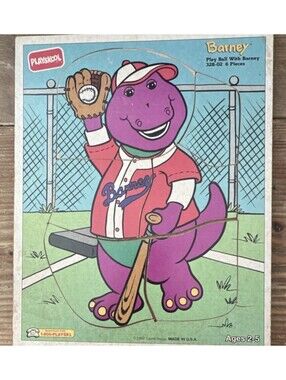 Vintage Baseball Barney Wooden Puzzle 328-02 Playskool 6Pieces 1993 Age 2-5 Yrs